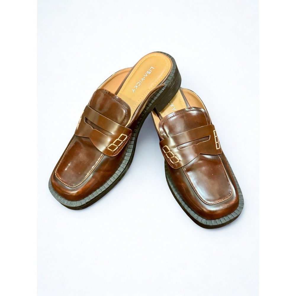Brown Leather Backless Loafer Mules